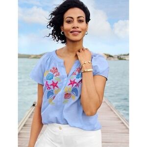 Talbots Petite Linen Cotton Embroidered Seashell Starfish Top Blue MP
